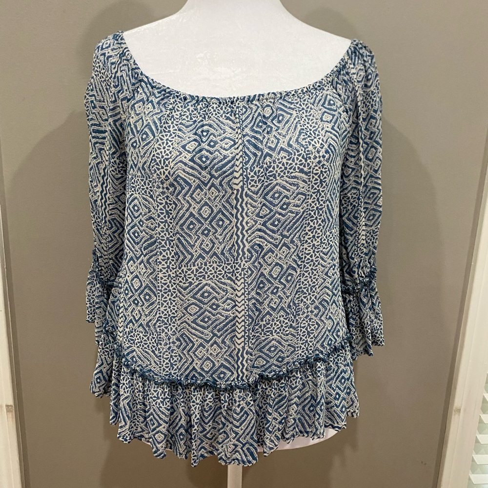 Lucky Brand Blue Gray Ruffled 3/4 Sleeve Blouse